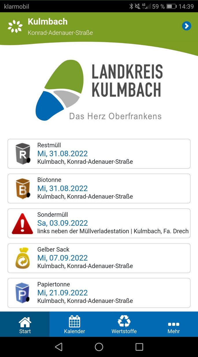 BIldschirmfoto Abfall-App des Landkreises