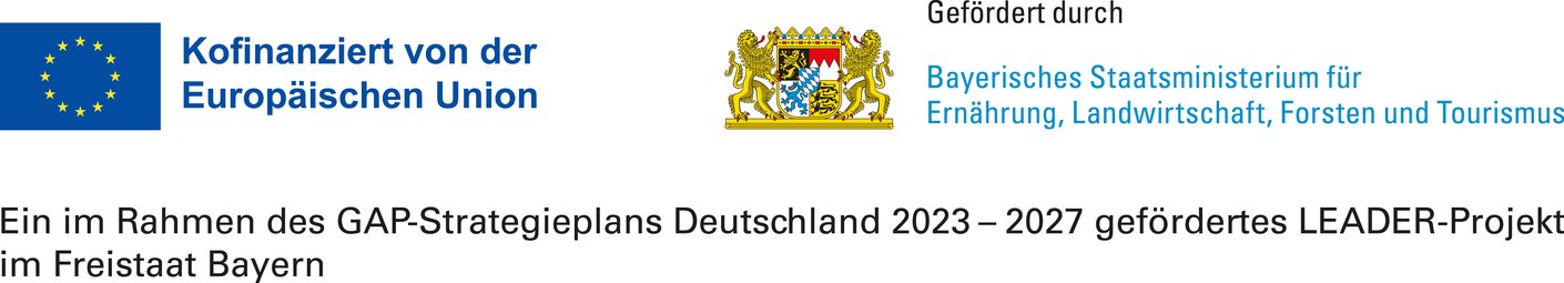 Wappen Europäische Union, Freistaat Bayern; Ein im Rahmen des GAP-Strategieplans Deutschland 2023 - 2027 gefördertes LEADER-Projekt im Freistaat Bayern